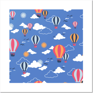 Hot Air Balloon in Blue Sky Pattern II Posters and Art